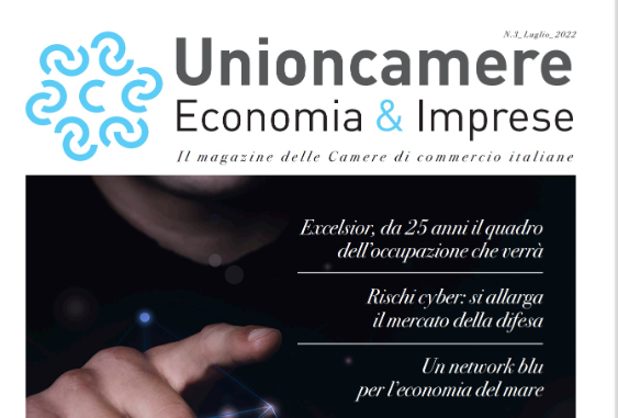 Copertina del numero 3 del Magazine di Unioncamere economia e imprese contenente le notizie sulle medie imprese industriali, la blue economy e C. Stat