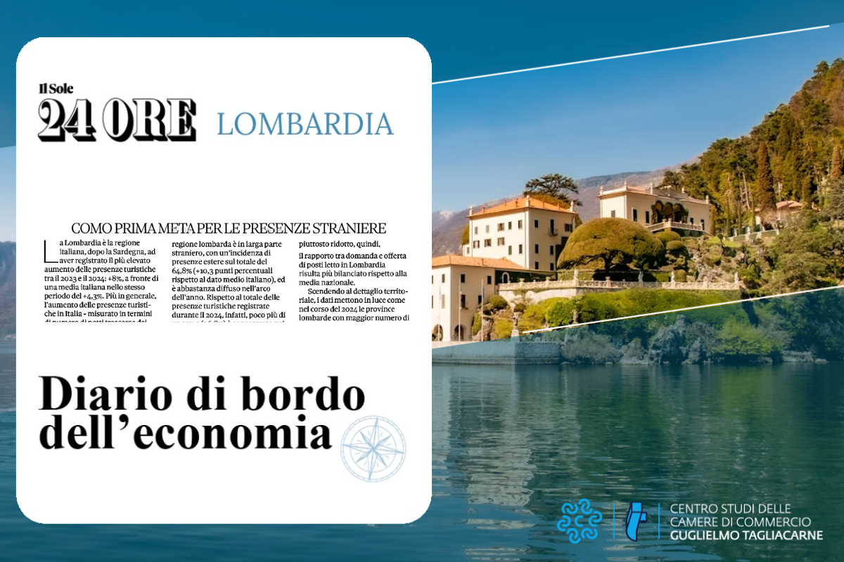 Lago di Como sullo sfondo e in primo piano testata del Sole 24 Ore Lombardia con titolo dell'articolo "Como prima meta per la presenze straniere"