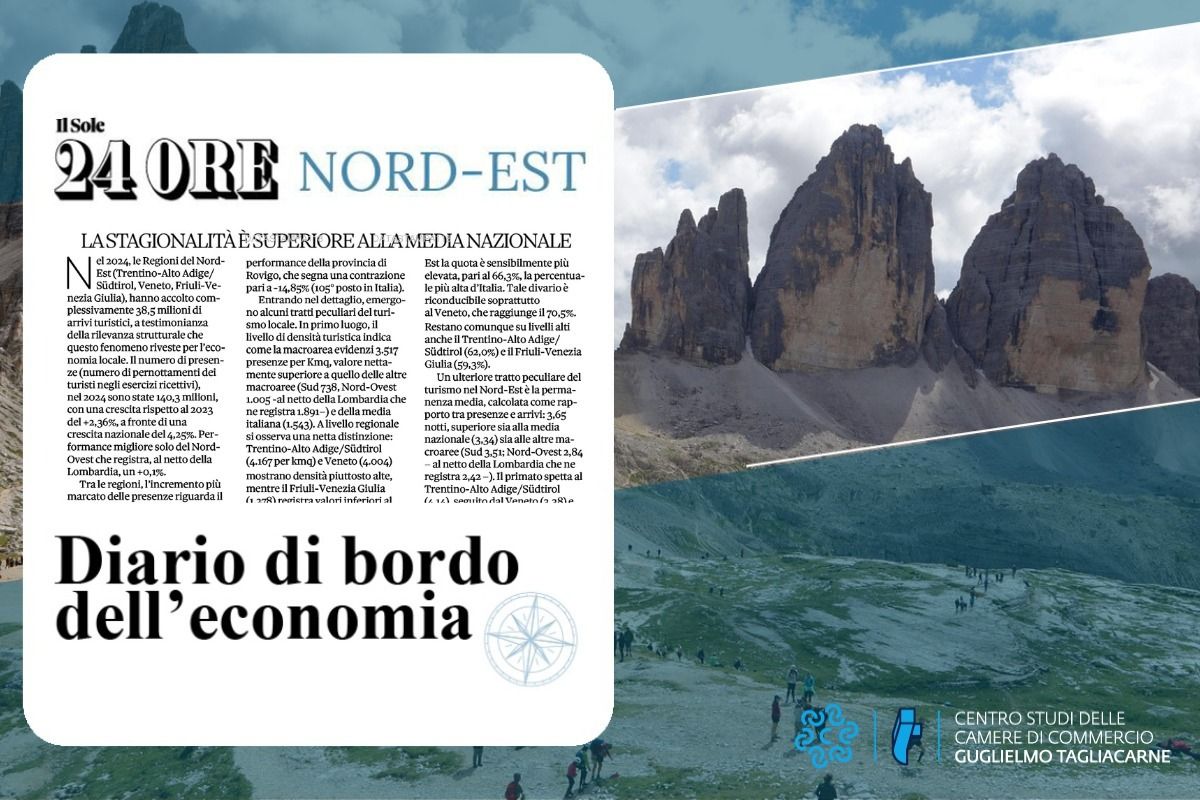 Foto con montagne sullo sfondo e in primo piano un ritaglio dell'articolo del Sole 24 Ore Nord Est con il titolo "La stagionalità è superiore alla media nazionale" in evidenza