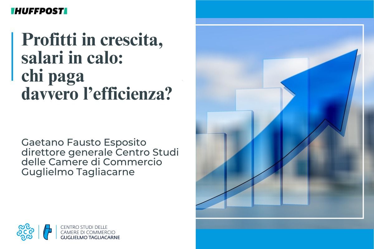 Sulla sinistra il titolo dell'intervento, "Profitti in crescita, salari in calo: chi paga davvero l'efficienza?". Sulla destra un grafico con una freccia blu che punta verso l'alto