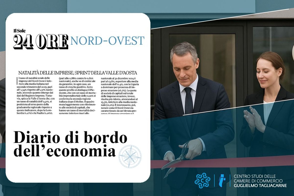 Foto di sfondo con due imprenditori che tagliano il nastro di un'inaugurazione e in primo piano lo screenshot del titolo del Sole 24 Ore Nord Ovest: "Natalità delle imprese, sprint della Valle d'Aosta"
