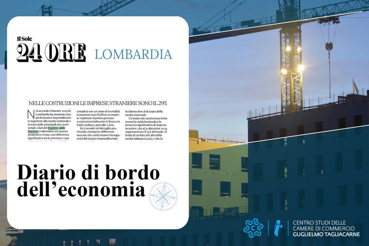 Foto di sfondo di un cantiere tra i palazzi, in primo piano screensho di parte dell'articolo del Sole 24 Ore Lombardia dal titolo "Nelle costruzioni le imprese straniere sono il 29%"