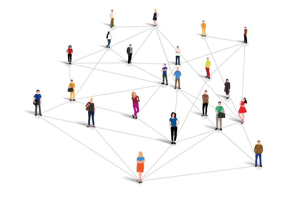 E' un allestimento di foto e grafica con una serie di persone collegate tra loro da fili colorati, a simboleggiare la rete tra imprenditori