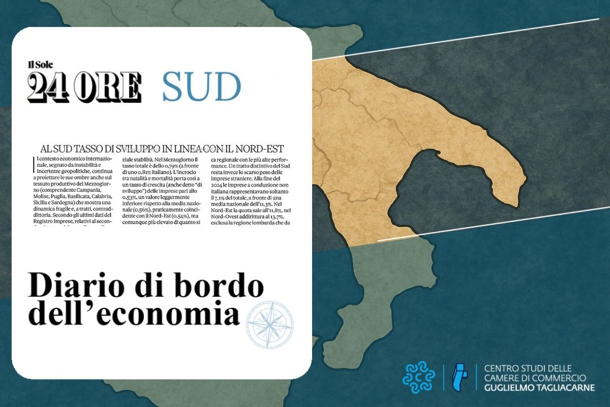 Sfondo con un'immagine geografica del Sud Italia e in primo piano lo screenshot dell'articolo del Sole 24 Ore Sud dal titolo: "Al Sud tasso di sviluppo in linea con il Nord Est"