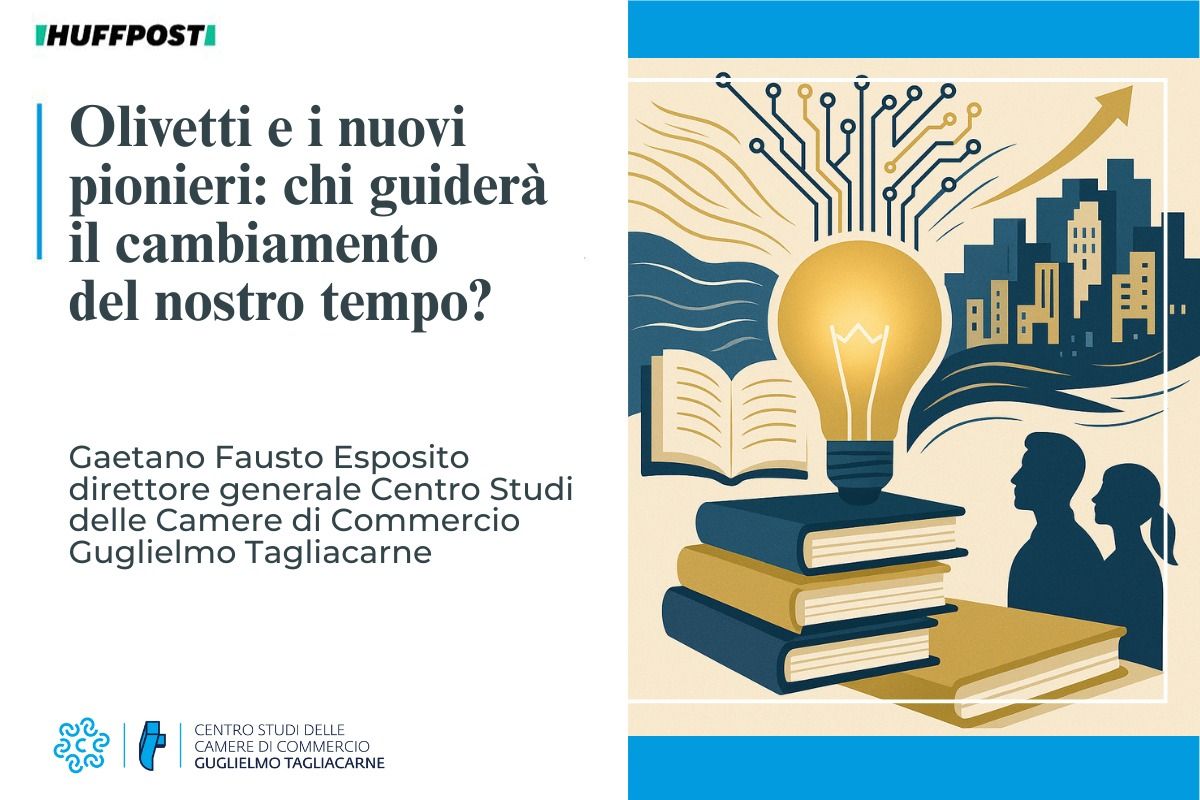 Allestimento grafico con screenshot del titolo dell'articolo: "Olivetti e i nuovi pionieri: chi guiderà il cambiamento del nostro tempo?". Sulla destra un'immagine che mette insieme libri e una lampadina che simboleggia le idee