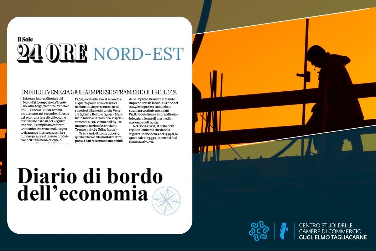 Foto di sfondo con una persona in un cantiere e in primo piano screenshot del titolo e parte dell'articolo del Sole 24 Ore Nord Est dal titolo "In Friuli Venezia Giulia imprese straniere oltre il 14%"