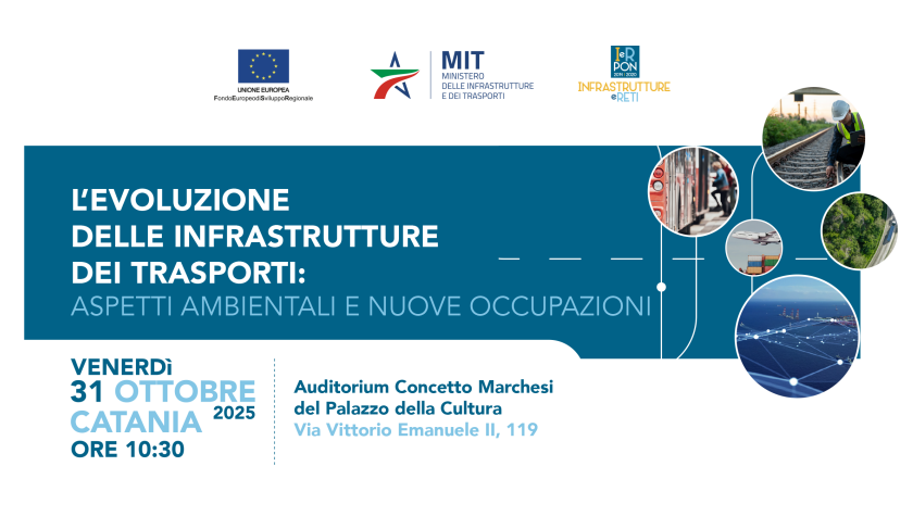 Banner con il titolo dell'evento: "L'evoluzione delle infrastrutture dei trasporti: aspetti ambientali e nuove occupazioni"
