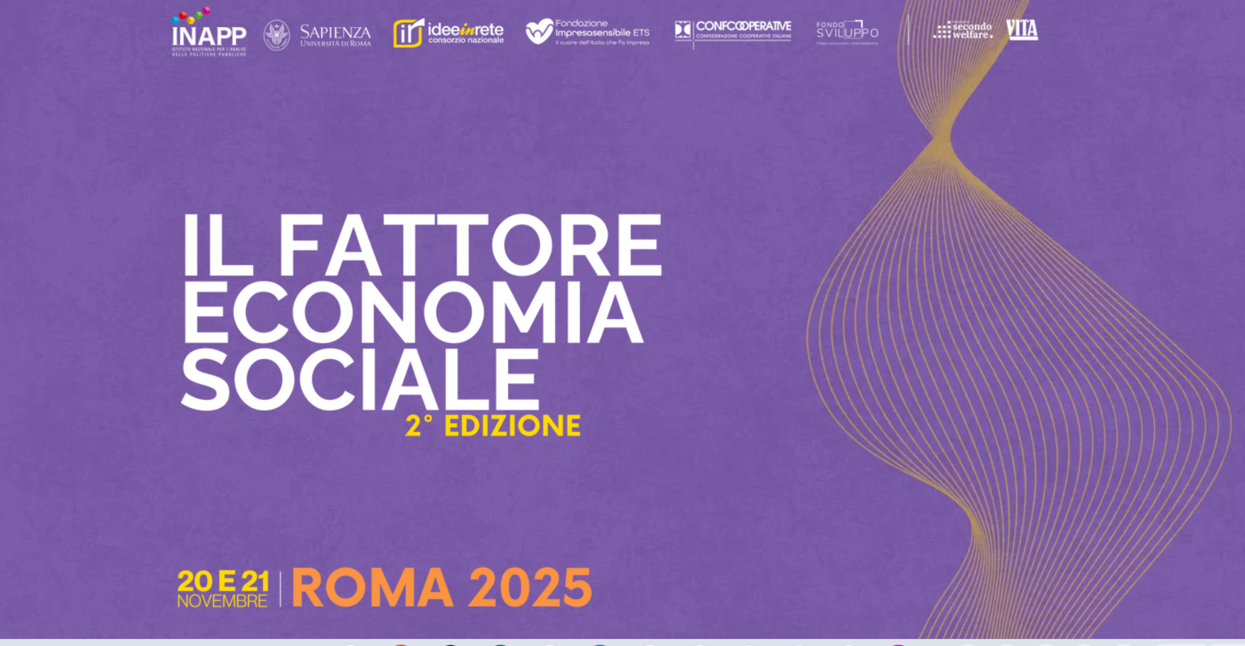 Banner, su campo viola, con titolo dell'evento: Il Fattore Economia Sociale - 2^ edizione e date di svolgimento - 20 e 21 novembre 2025