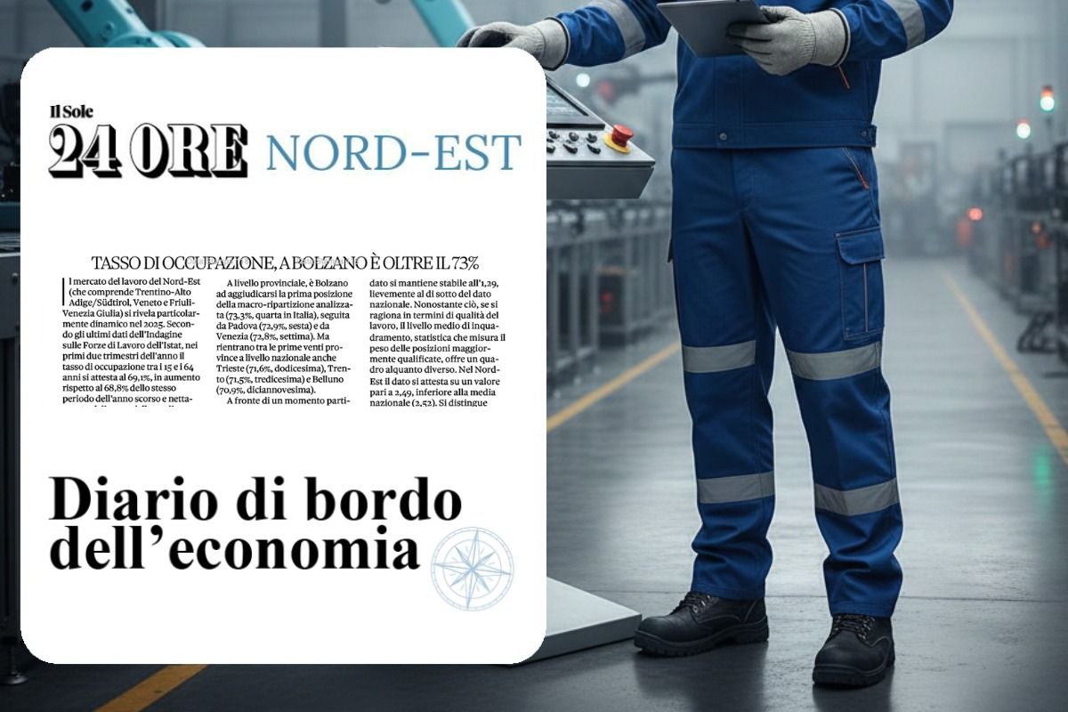 Sfondo con foto di un lavoratore del settore industria in tuta da lavoro, primo piano con screenshot di parte dell'articolo e titolo: Trentino-Alto Adige sul tetto d’Italia per tasso di occupazione