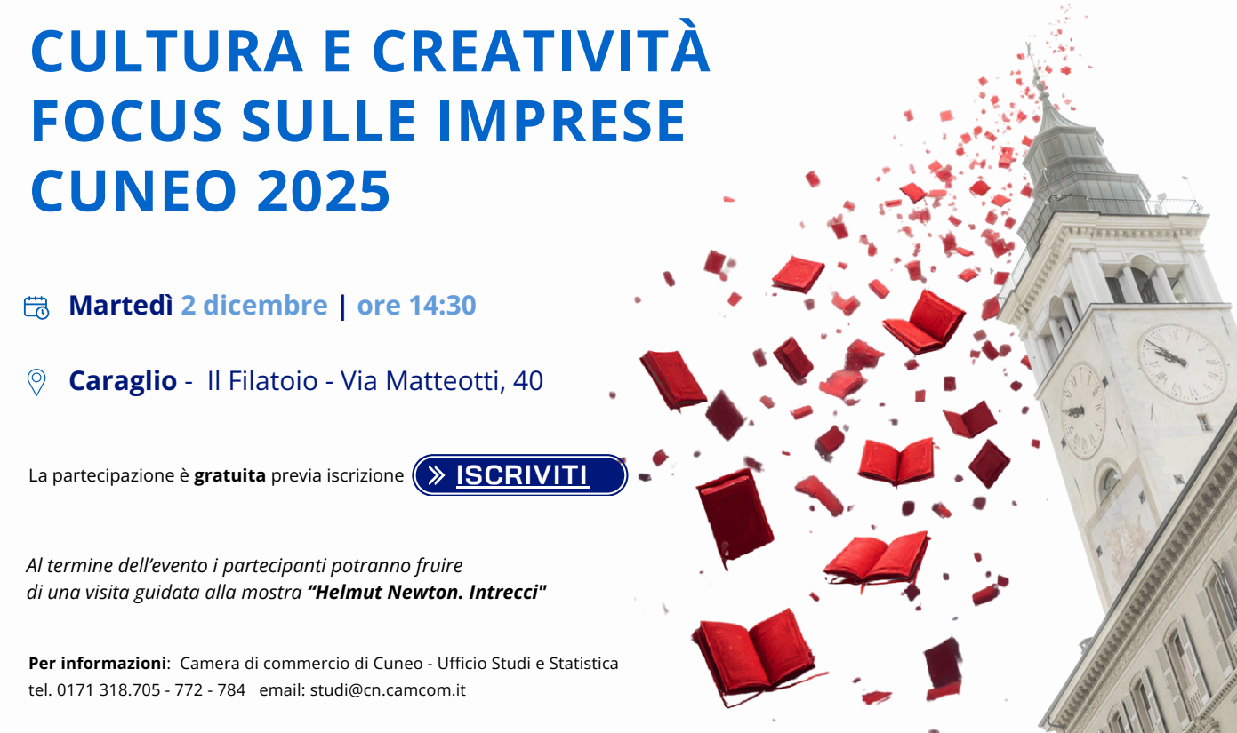 Locandina dell'evento con titolo: "Cultura e creatività Focus sulle imprese Cuneo 2025" ed elenco dei partecipanti