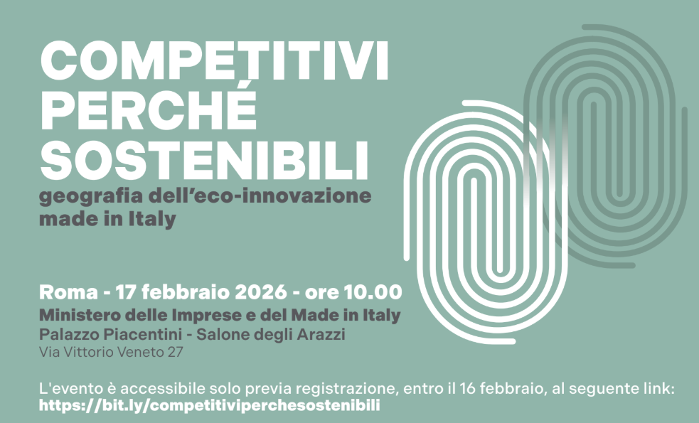 Grafica con data e luogo dell'evento "Competitivi perché sostenibili. Geografia dell’eco-innovazione made in Italy"