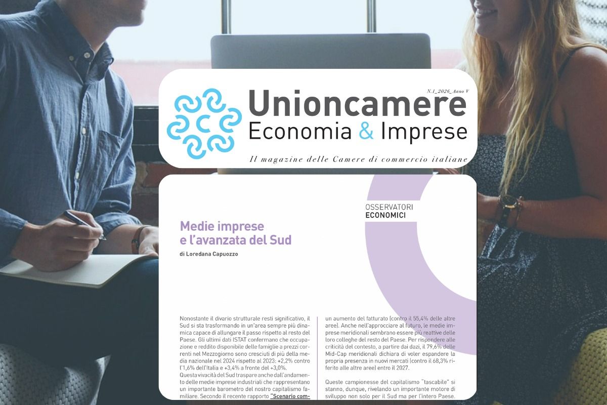 Sfondo con un'immagine del Sud Italia e in primo piano lo screenshot del titolo dell'articolo: Medie imprese, la riscossa del Sud