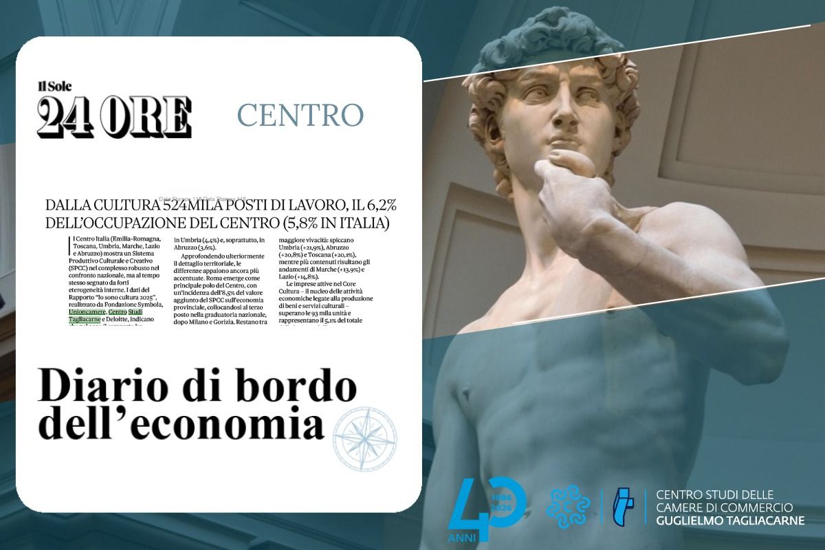 Sfondo con foto di una scultura, in primo piano screenshot del titolo dell'articolo: “Dalla cultura 524 mila posti di lavoro, il 6,2% dell’occupazione del Centro (5,8% in Italia)”