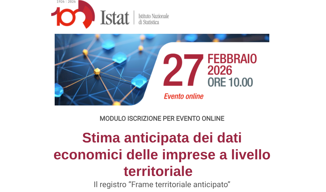 Screenshot del titolo dell'evento: Stima anticipata dei dati economici delle imprese a livello territoriale. Il registro “Frame territoriale anticipato”