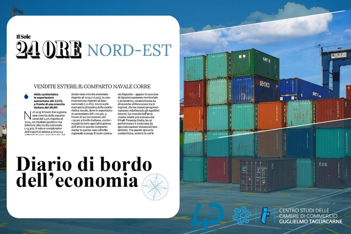 Screenshot del titolo dell'articolo e foto a tema export, con alcuni container in evidenza, sullo sfondo